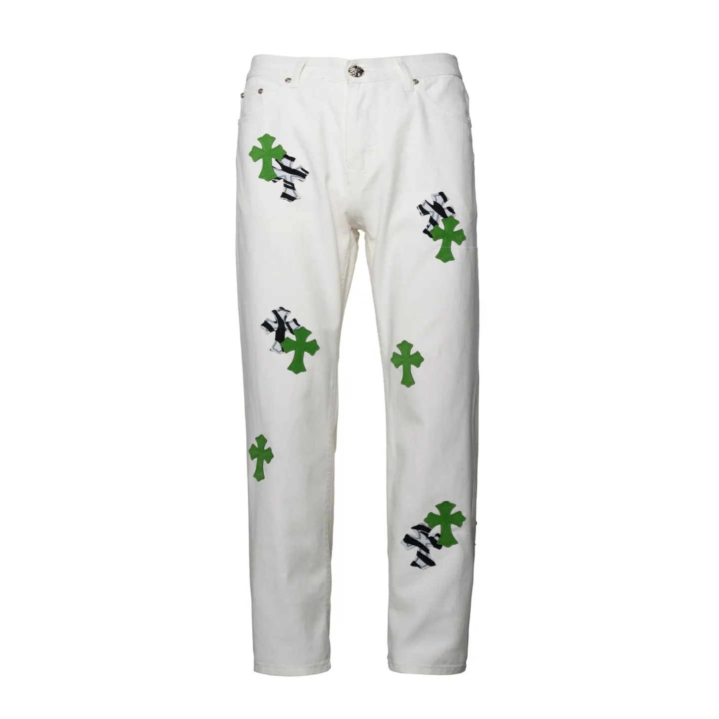 P220 (running model) Chrome Hearts24SS British limited white and apple green patchwork zebra jeans - the most popular color pants in Chrome Hearts. Made of beaded canvas fabric, heavy washing makes the upper body of the fabric more textured and the pants are tall and straight! The three-dimensional cutting of the whole trousers is a masterpiece! The hardware is customized by zp. The beaded canvas fabric is thick and soft after being washed. It has good breathability. Customized small leather label. Unique design. The details are simple and elegant, and the workmanship is exquisite. The whole trousers are neatly routed and the details are in place! It’s so cool that both men and women can easily control the genderless trend! Style number: 1640# Color: white green Size: 28 30 32 34
